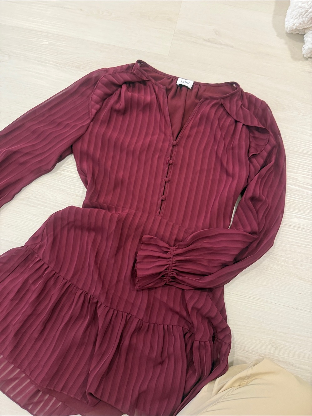 Lini Wine-Red Pleated Long Sleeve Dress